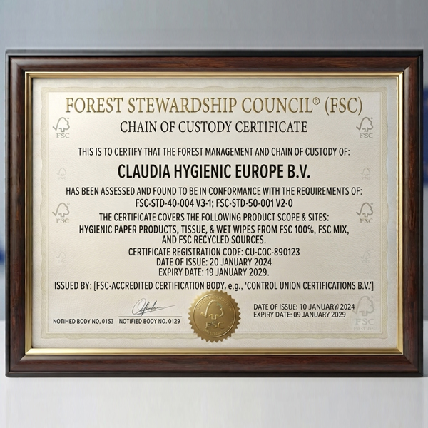 نشان FSC (Forest Stewardship Council): گواهینامه‌ای محیط‌زیستی که نشان می‌دهد سلولوز و چوب به‌کاررفته در محصول از جنگل‌های با مدیریت پایدار و قانونی تأمین شده است.